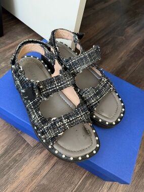 Stuart Weitzman Black and Cream Tweed Pearl-Trim Sandals